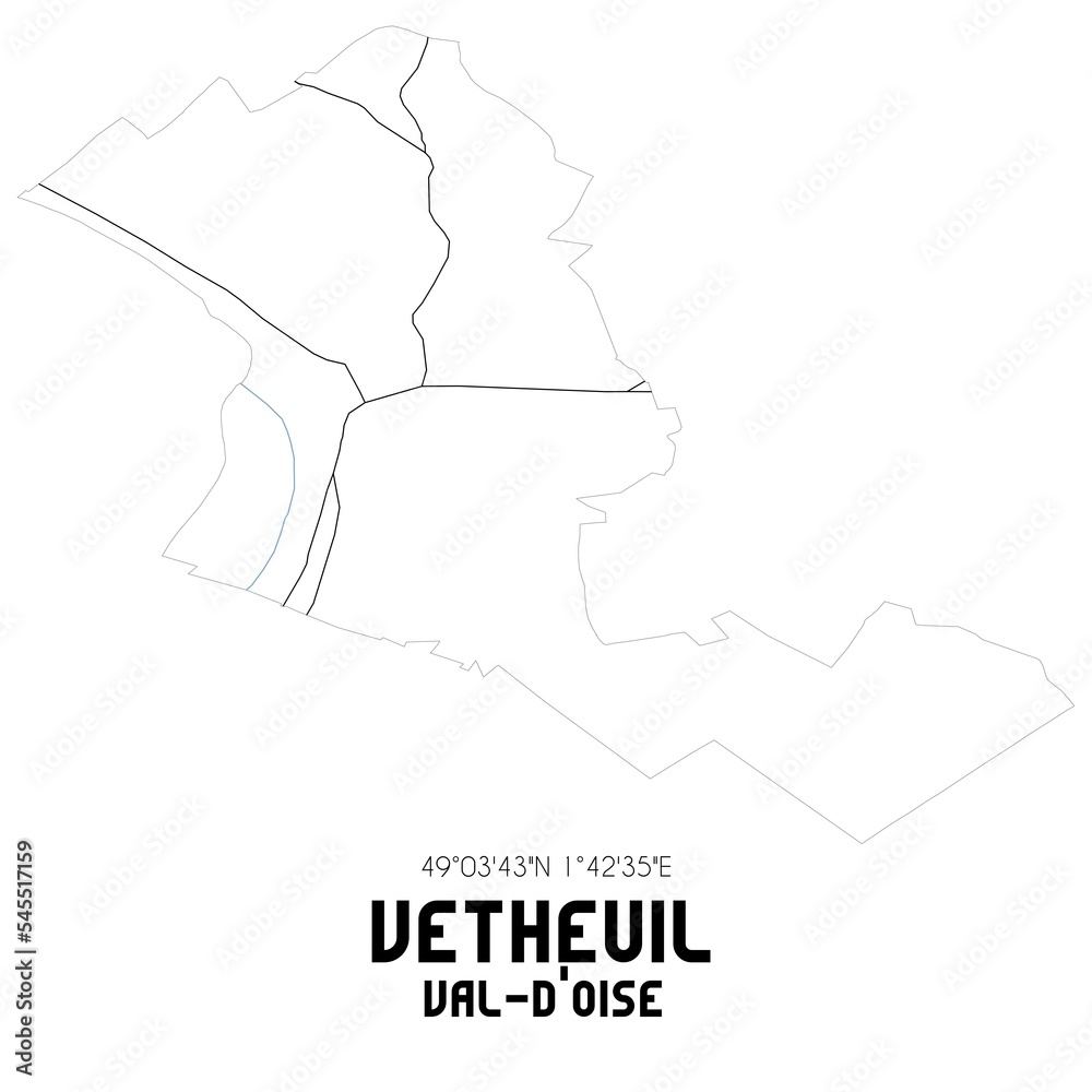 VETHEUIL Vald'Oise. Minimalistic street map with black and white lines