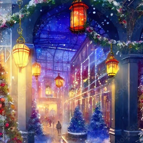 New Years winter garden with decorated Christmas trees. Christmas lanterns, decorated street, winter, snow, postcard 3d illustration