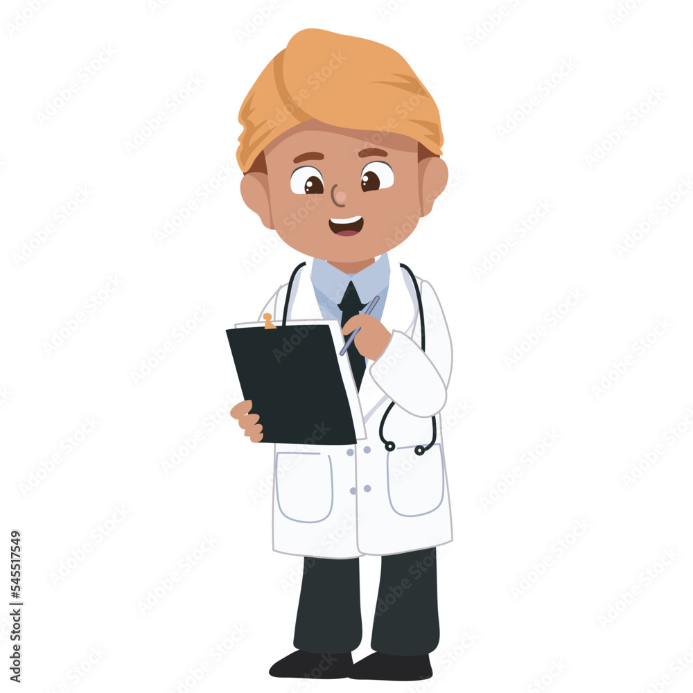 Kids' dream job clipart cartoon. A cute doctor on white background for kids fashion artworks, children books, birthday invitations, greeting cards, posters. Fantasy cartoon vector illustration.