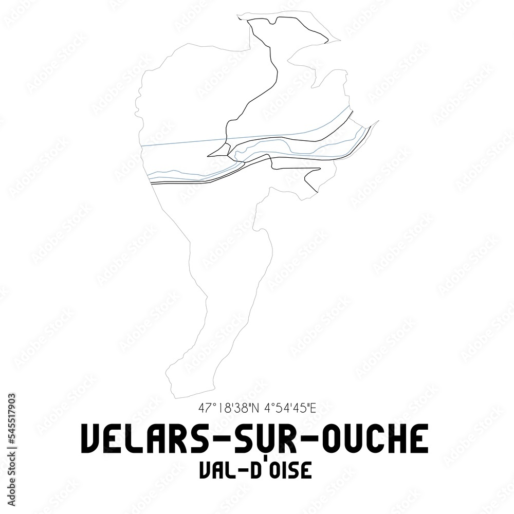 VELARS-SUR-OUCHE Val-d'Oise. Minimalistic street map with black and white lines.