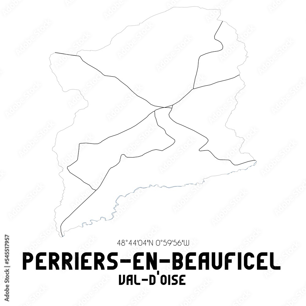 PERRIERS-EN-BEAUFICEL Val-d'Oise. Minimalistic street map with black and white lines.