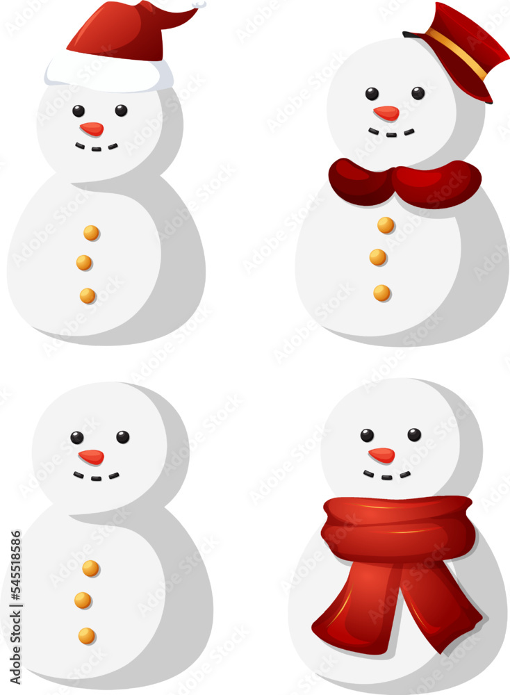 Set of cartoon style snowmen in hat and scarf