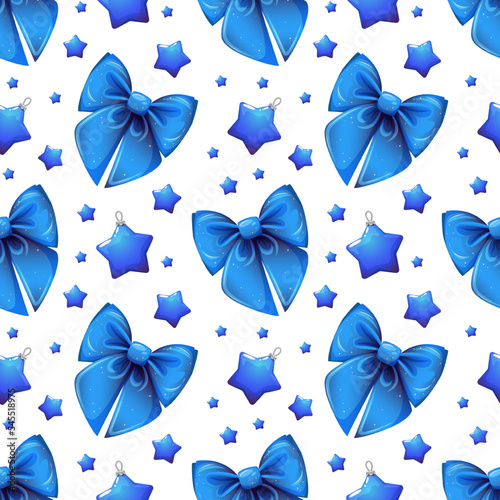 Festive pattern with blue shiny bows and cartoon-style stars on white background