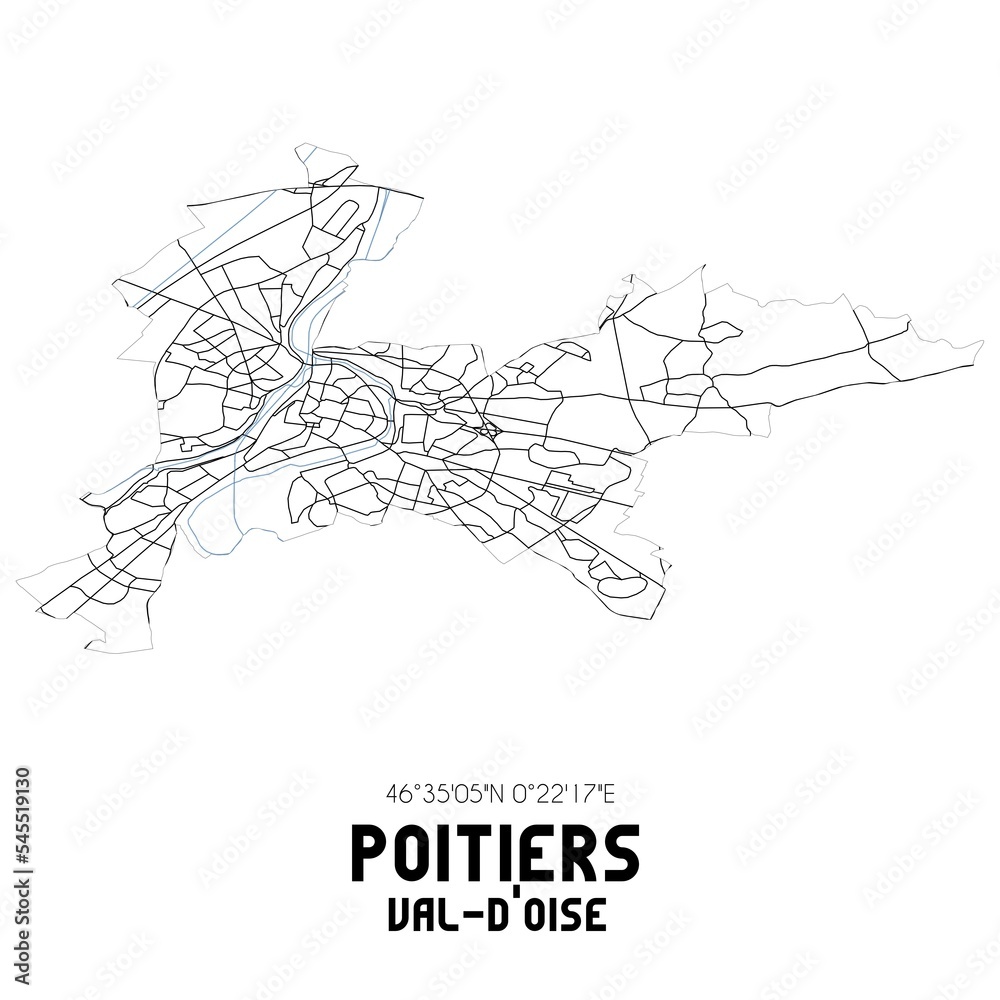 POITIERS Val-d'Oise. Minimalistic street map with black and white lines.