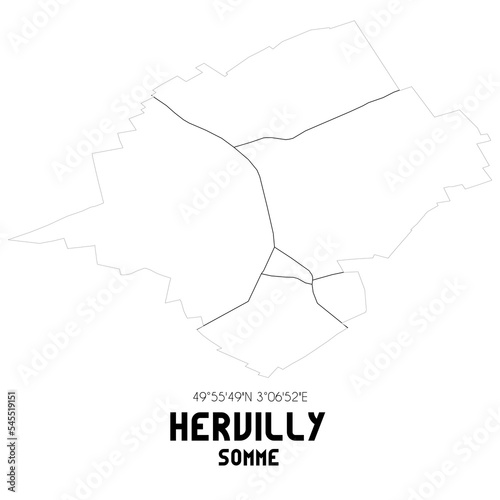 HERVILLY Somme. Minimalistic street map with black and white lines.
