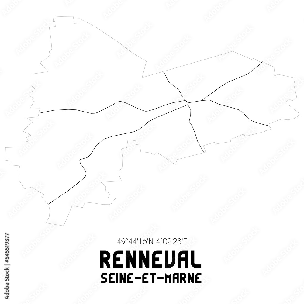 RENNEVAL Seine-et-Marne. Minimalistic street map with black and white lines.
