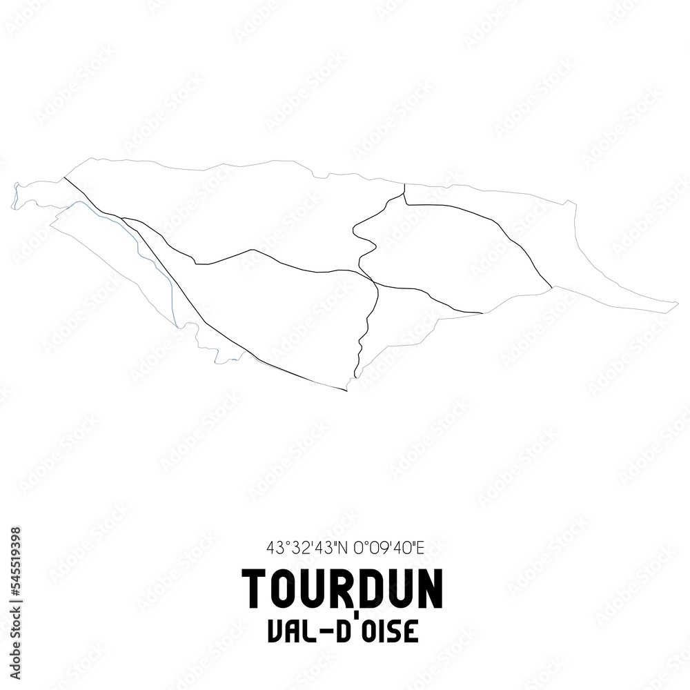 TOURDUN Val-d'Oise. Minimalistic street map with black and white lines.