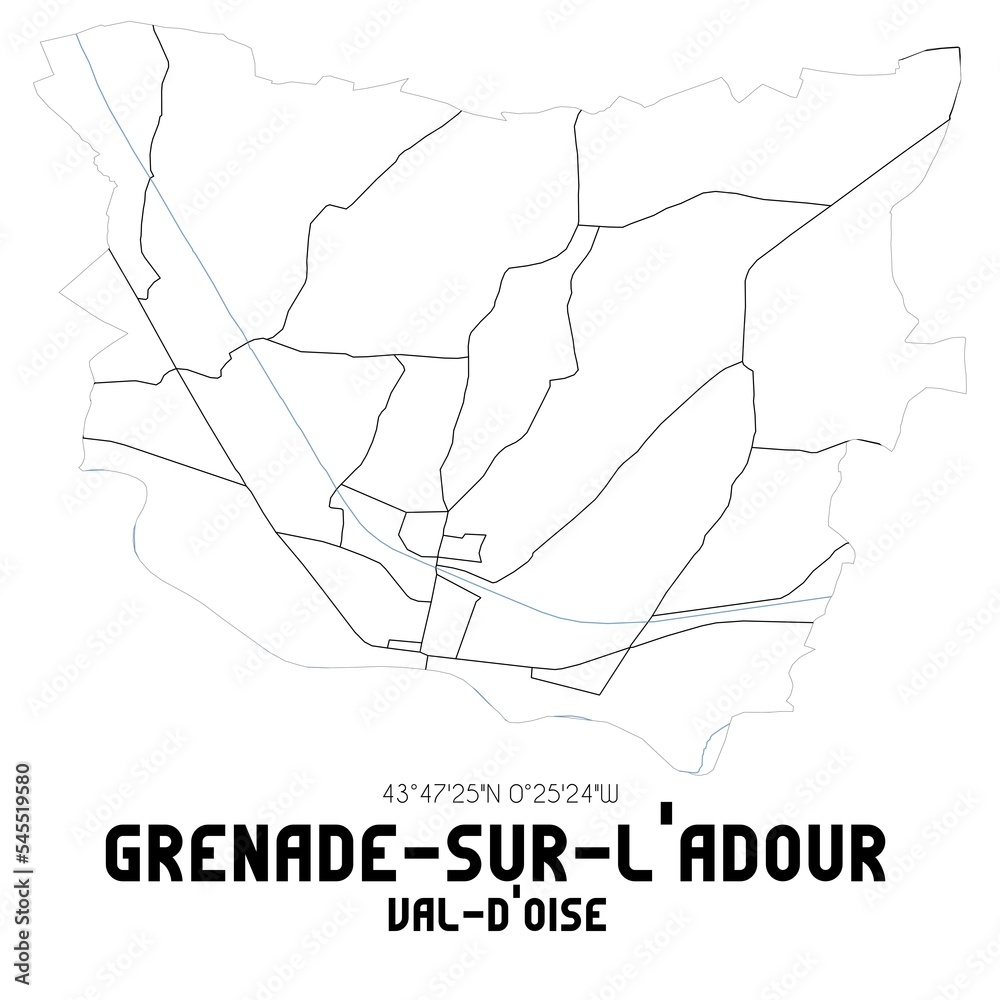 GRENADE-SUR-L'ADOUR Val-d'Oise. Minimalistic street map with black and white lines. GRENADE-SUR-L'ADOUR Val-d'Oise. Minimalistic street map with black and white lines.