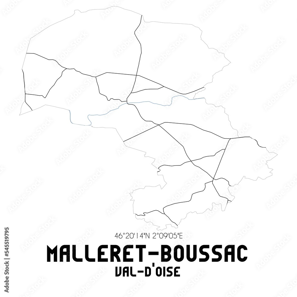 MALLERET-BOUSSAC Val-d'Oise. Minimalistic street map with black and white lines. MALLERET-BOUSSAC Val-d'Oise. Minimalistic street map with black and white lines.