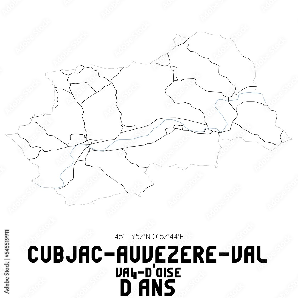 CUBJAC-AUVEZERE-VAL D'ANS Val-d'Oise. Minimalistic street map with black and white lines. CUBJAC-AUVEZERE-VAL D'ANS Val-d'Oise. Minimalistic street map with black and white lines.