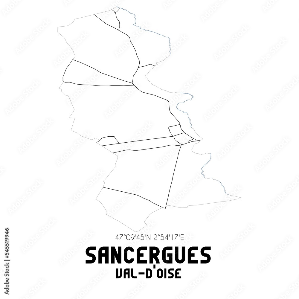 SANCERGUES Val-d'Oise. Minimalistic street map with black and white lines. SANCERGUES Val-d'Oise. Minimalistic street map with black and white lines.