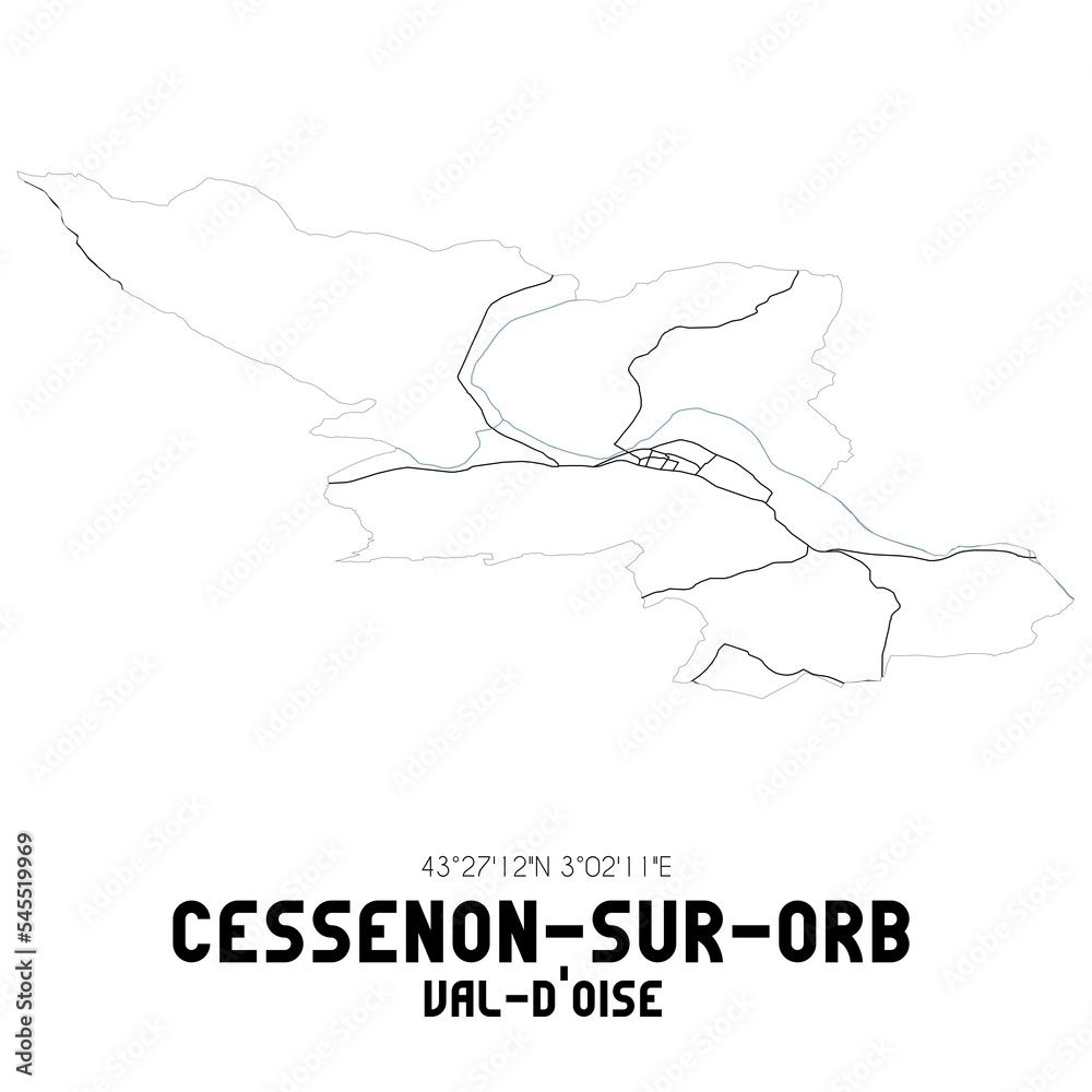 CESSENON-SUR-ORB Val-d'Oise. Minimalistic street map with black and white lines.