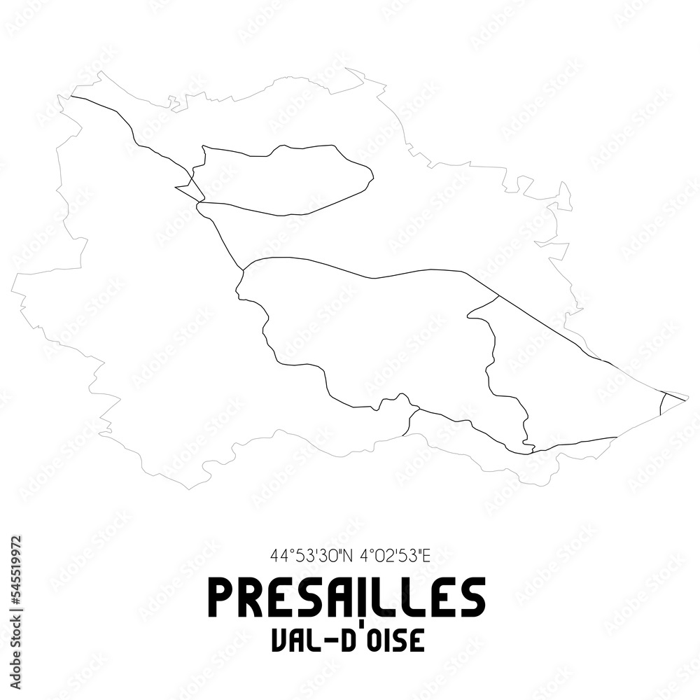 PRESAILLES Val-d'Oise. Minimalistic street map with black and white lines.