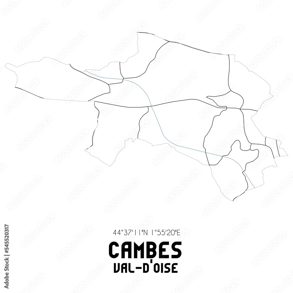 CAMBES Val-d'Oise. Minimalistic street map with black and white lines. CAMBES Val-d'Oise. Minimalistic street map with black and white lines.