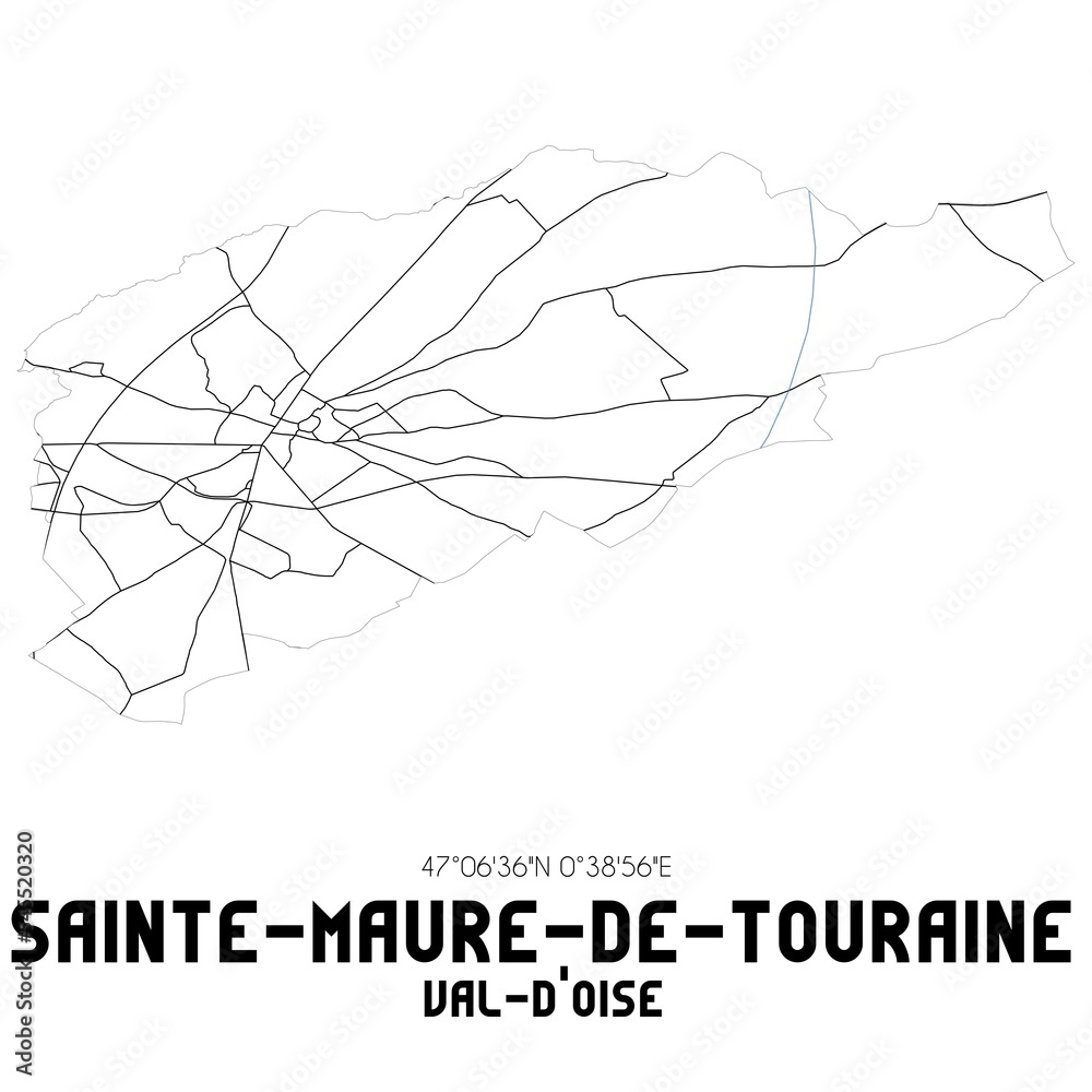 Fototapeta premium SAINTE-MAURE-DE-TOURAINE Val-d'Oise. Minimalistic street map with black and white lines.
