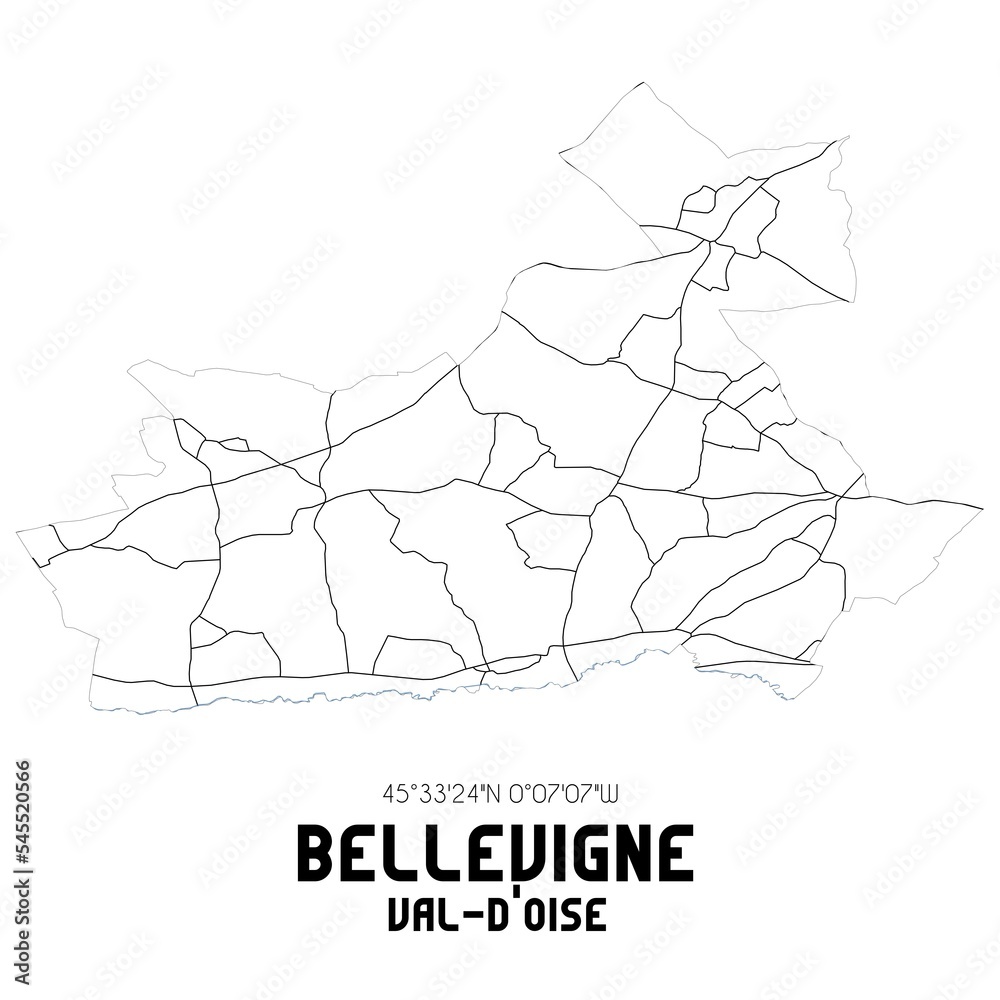 BELLEVIGNE Val-d'Oise. Minimalistic street map with black and white lines.
