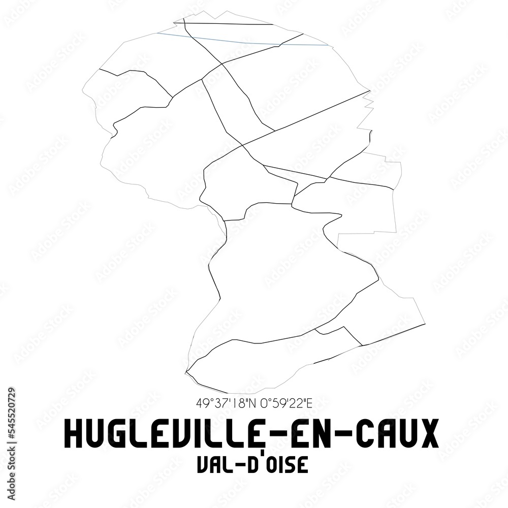 HUGLEVILLE-EN-CAUX Val-d'Oise. Minimalistic street map with black and white lines.