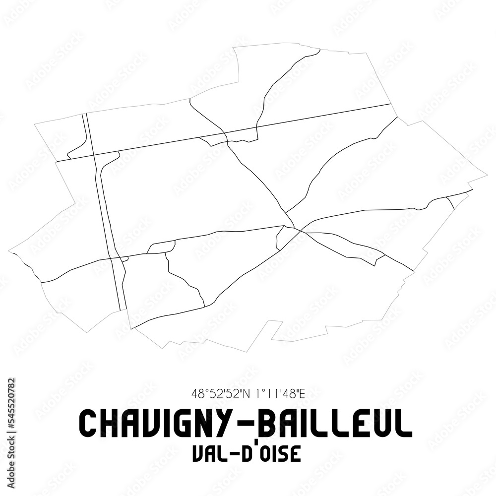 CHAVIGNY-BAILLEUL Val-d'Oise. Minimalistic street map with black and white lines. CHAVIGNY-BAILLEUL Val-d'Oise. Minimalistic street map with black and white lines.