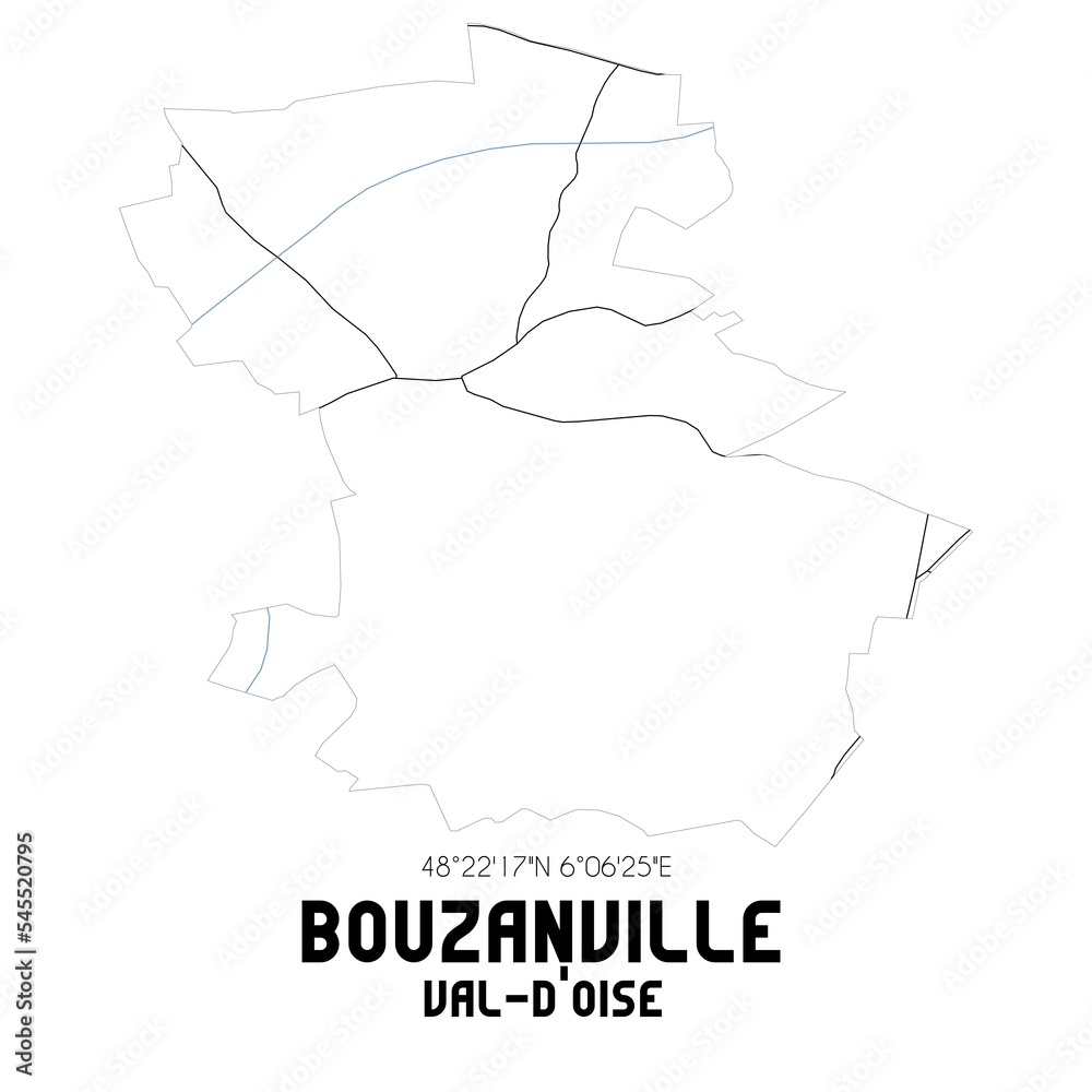 BOUZANVILLE Val-d'Oise. Minimalistic street map with black and white lines.