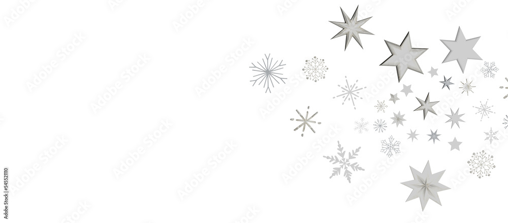 With Realistic Snowflakes Overlay On Light Silver Backdrop. Xmas Holidays With Realistic Snowflakes Overlay On Light Silver Backdrop. Xmas Holidays