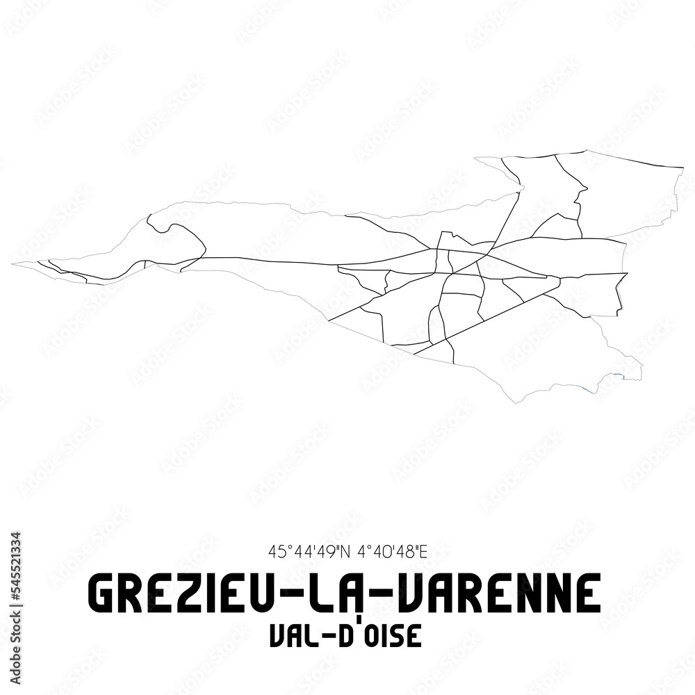 GREZIEU-LA-VARENNE Val-d'Oise. Minimalistic street map with black and white lines.
