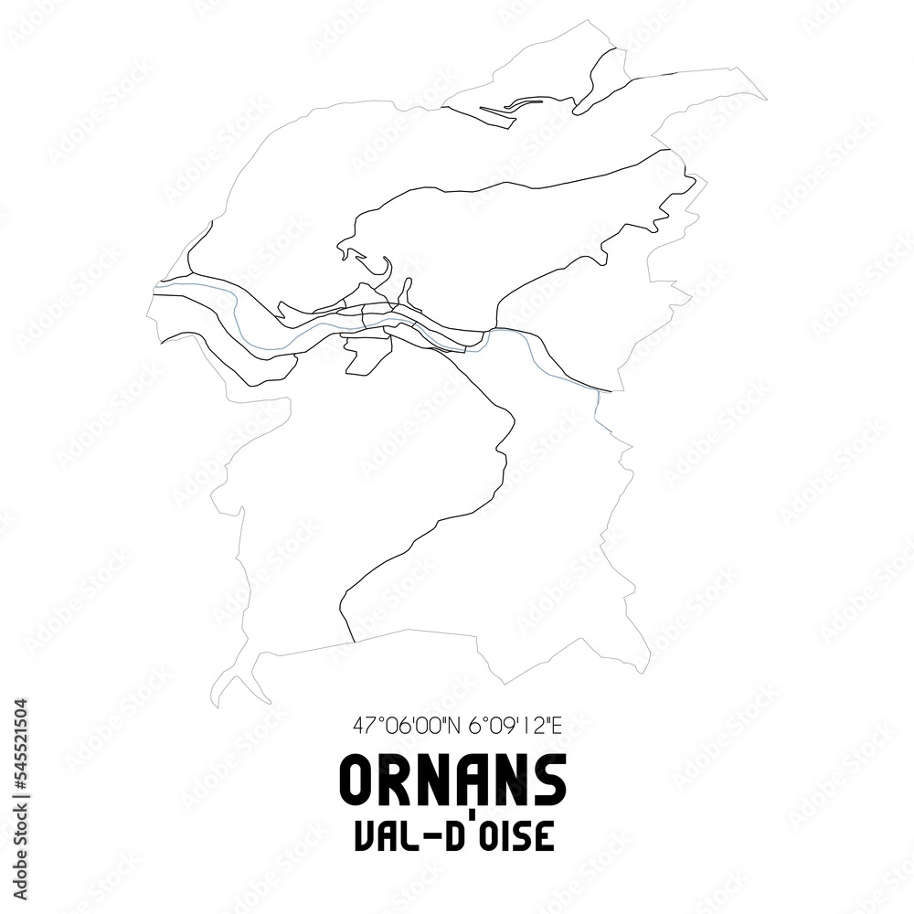 ORNANS Val-d'Oise. Minimalistic street map with black and white lines.