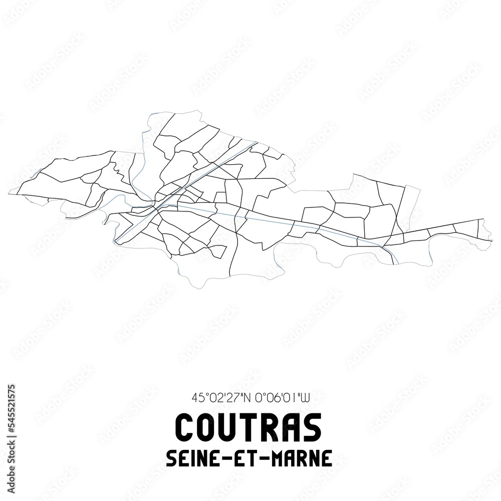 COUTRAS Seine-et-Marne. Minimalistic street map with black and white lines.