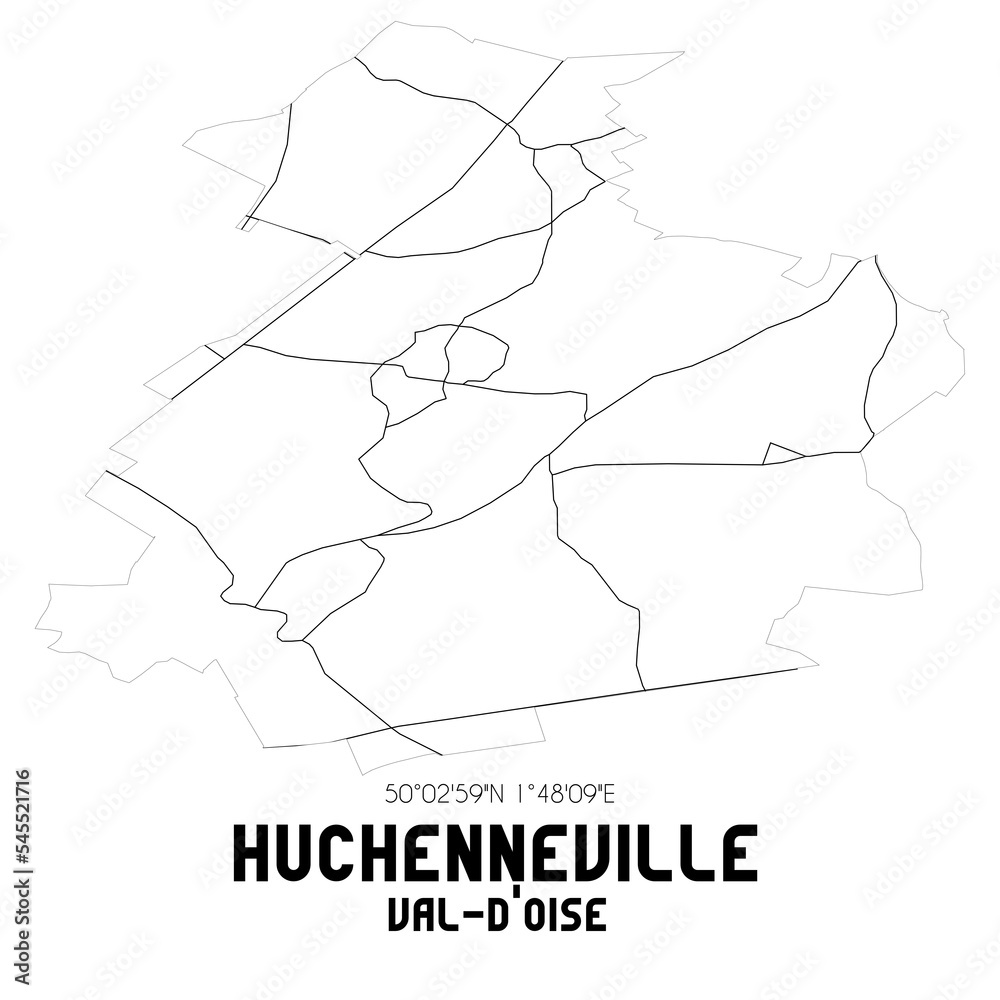 HUCHENNEVILLE Val-d'Oise. Minimalistic street map with black and white lines. HUCHENNEVILLE Val-d'Oise. Minimalistic street map with black and white lines.