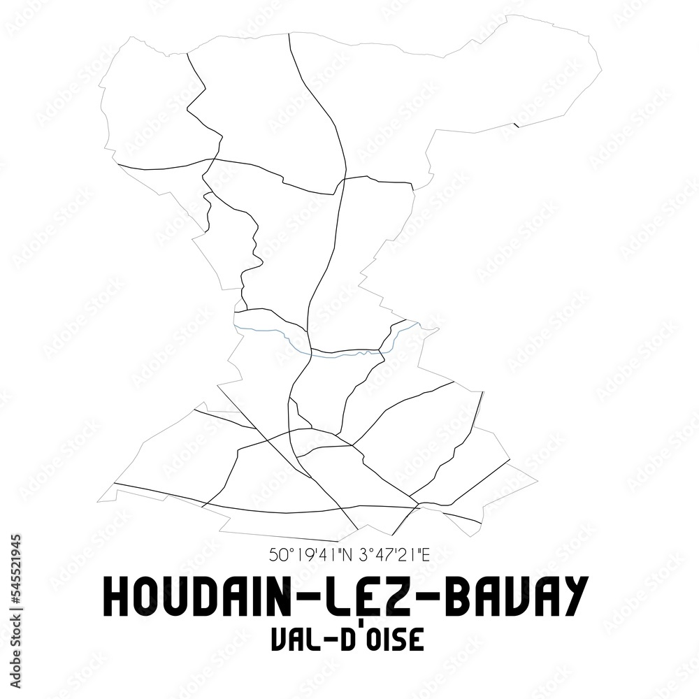 HOUDAIN-LEZ-BAVAY Val-d'Oise. Minimalistic street map with black and white lines. HOUDAIN-LEZ-BAVAY Val-d'Oise. Minimalistic street map with black and white lines.