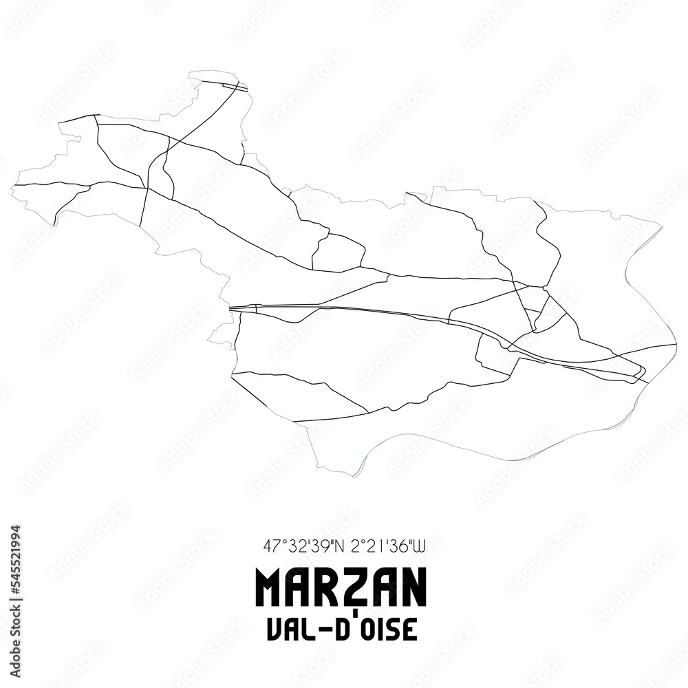MARZAN Val-d'Oise. Minimalistic street map with black and white lines.