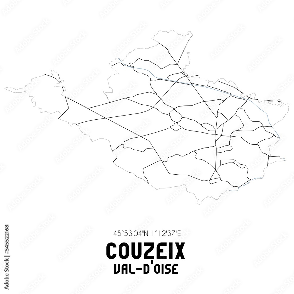 COUZEIX Val-d'Oise. Minimalistic street map with black and white lines. COUZEIX Val-d'Oise. Minimalistic street map with black and white lines.