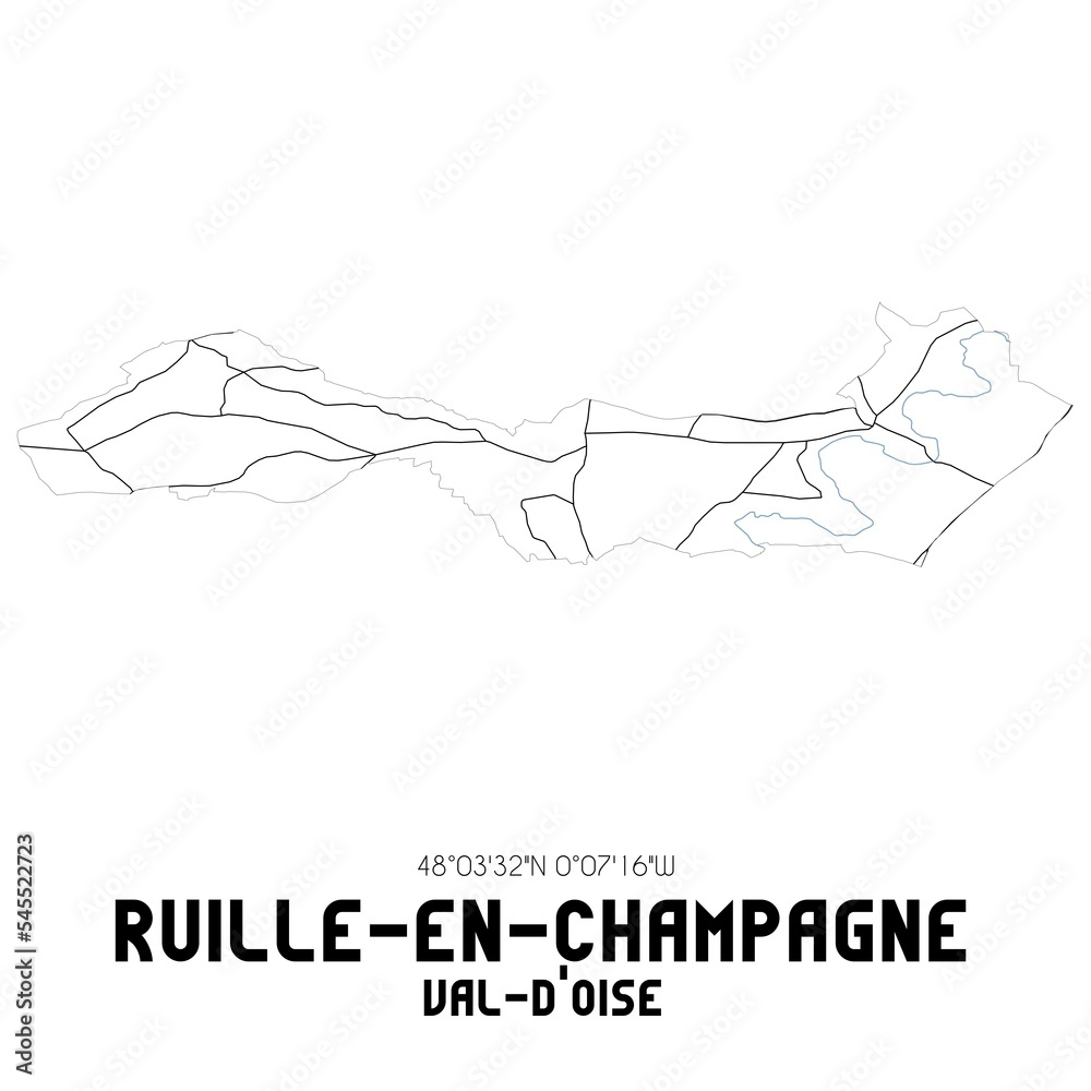 RUILLE-EN-CHAMPAGNE Val-d'Oise. Minimalistic street map with black and white lines. RUILLE-EN-CHAMPAGNE Val-d'Oise. Minimalistic street map with black and white lines.