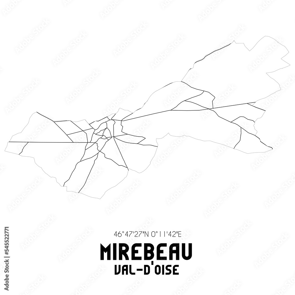 MIREBEAU Val-d'Oise. Minimalistic street map with black and white lines ...