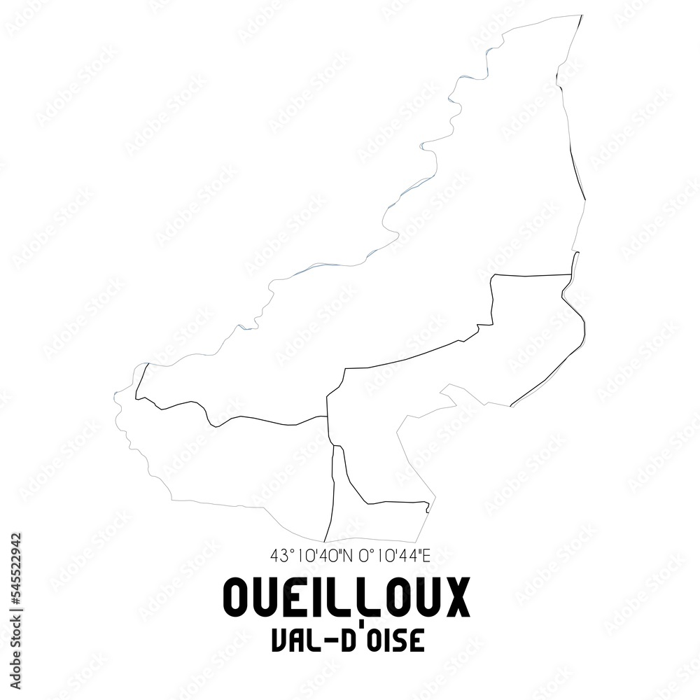 OUEILLOUX Val-d'Oise. Minimalistic street map with black and white lines.