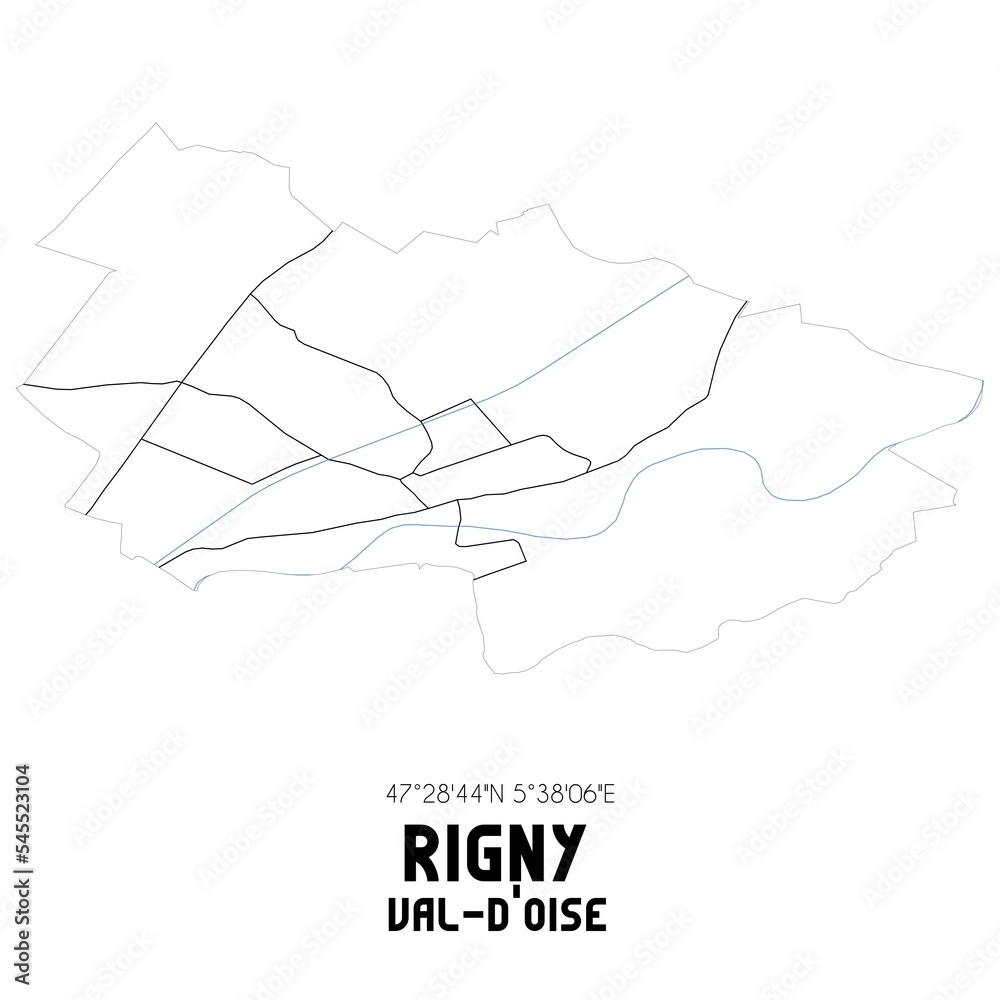 RIGNY Val-d'Oise. Minimalistic street map with black and white lines.