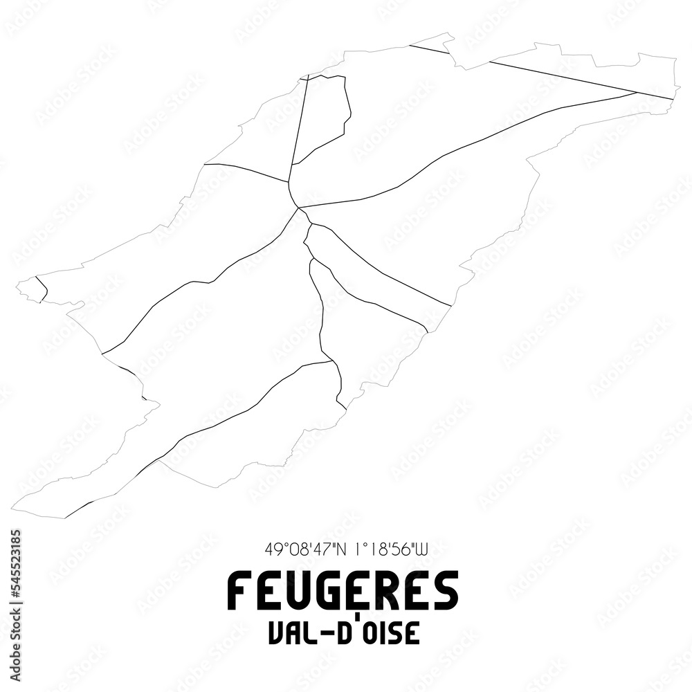 FEUGERES Val-d'Oise. Minimalistic street map with black and white lines. FEUGERES Val-d'Oise. Minimalistic street map with black and white lines.