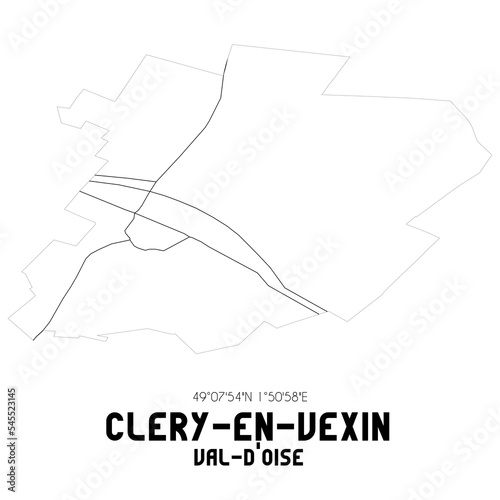 CLERY-EN-VEXIN Val-d Oise. Minimalistic street map with black and white lines.