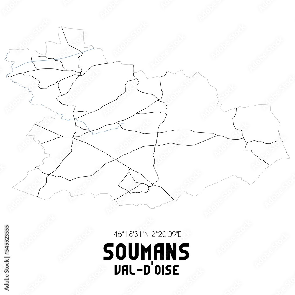 SOUMANS Val-d'Oise. Minimalistic street map with black and white lines. SOUMANS Val-d'Oise. Minimalistic street map with black and white lines.