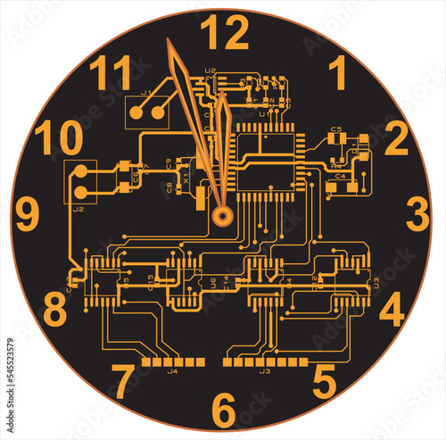 New Year's clock on the printed circuit board. Five minutes to twelve. Vector clock from a digital circuit. 
Electrical schematic diagram and a printed circuit
board of a digital electronic device.