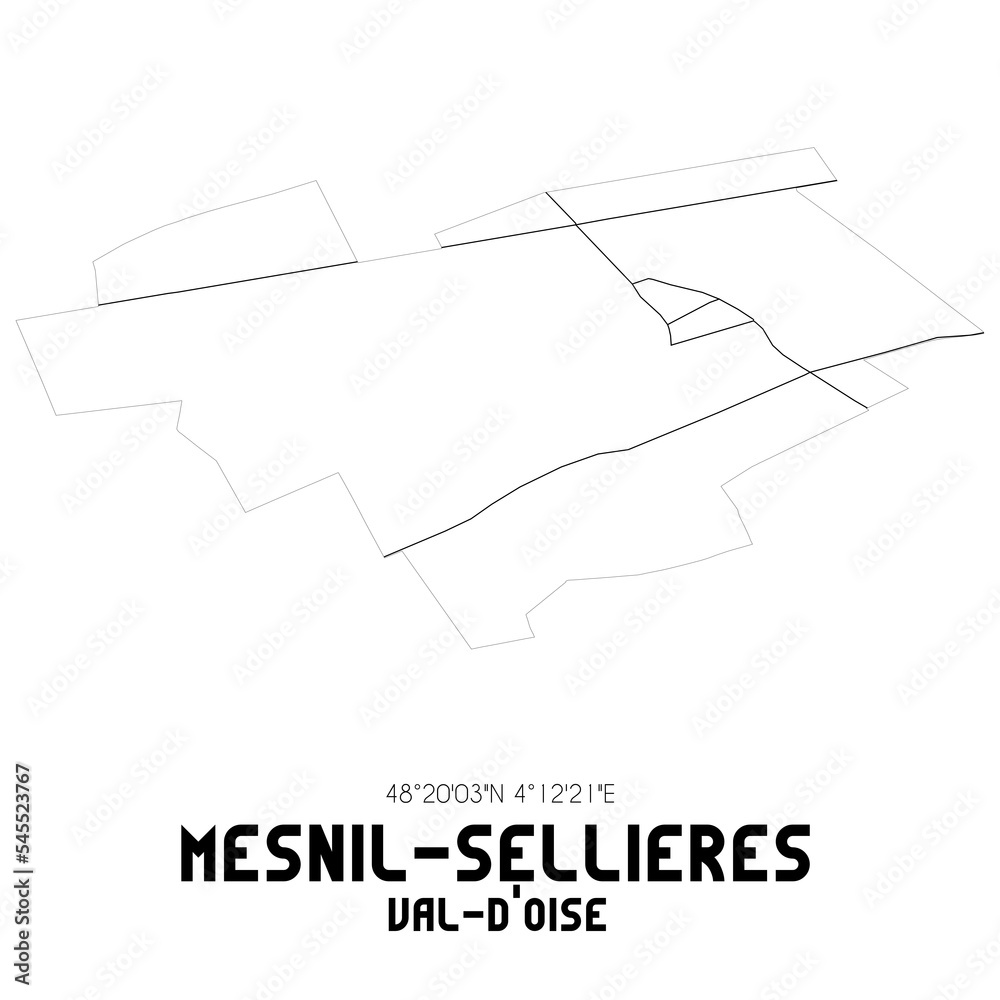 MESNIL-SELLIERES Val-d'Oise. Minimalistic street map with black and white lines. MESNIL-SELLIERES Val-d'Oise. Minimalistic street map with black and white lines.