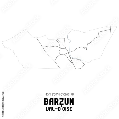 BARZUN Val-d Oise. Minimalistic street map with black and white lines.