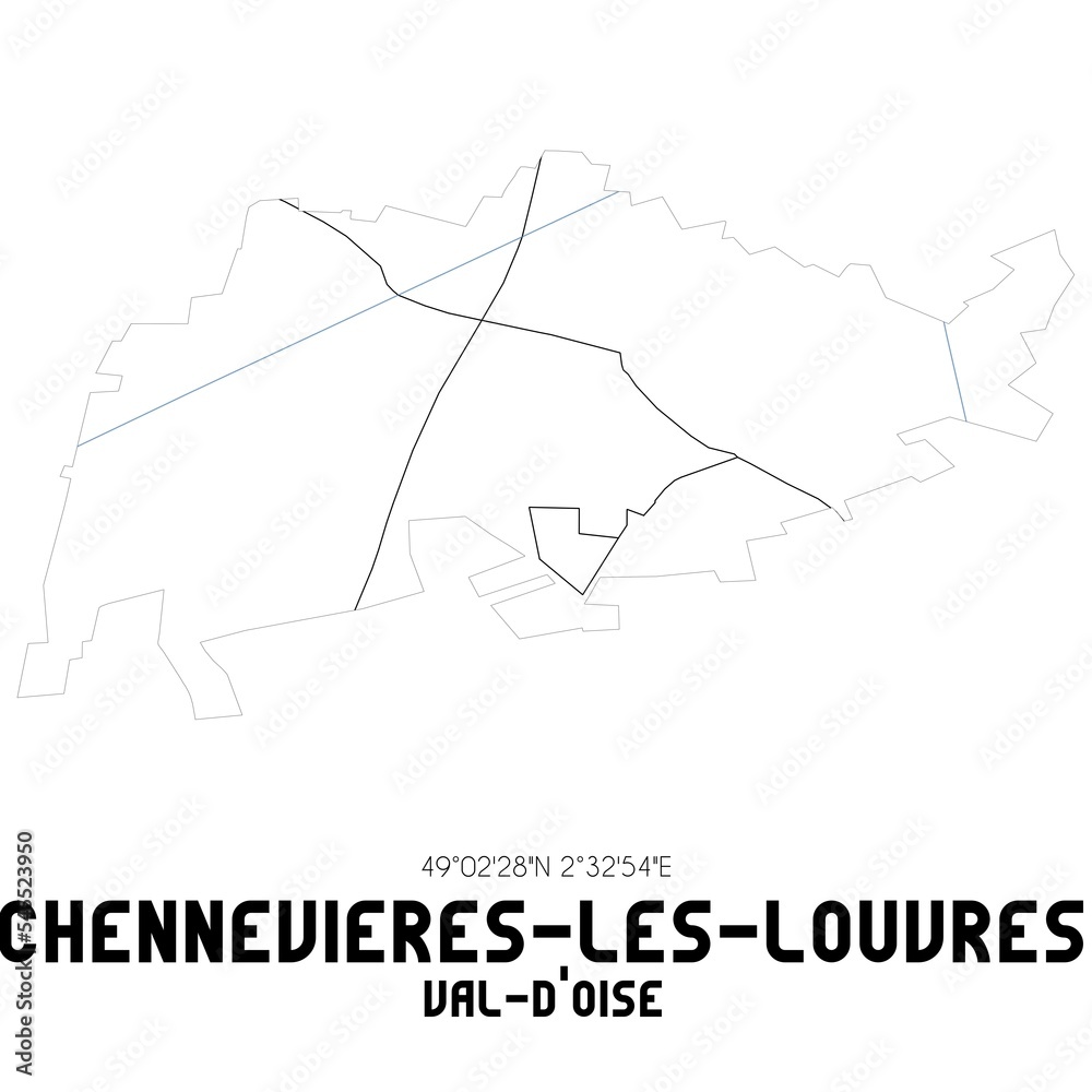 CHENNEVIERES-LES-LOUVRES Val-d'Oise. Minimalistic street map with black and white lines. CHENNEVIERES-LES-LOUVRES Val-d'Oise. Minimalistic street map with black and white lines.