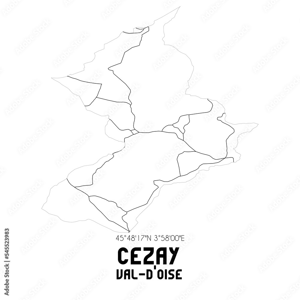 CEZAY Val-d'Oise. Minimalistic street map with black and white lines.
