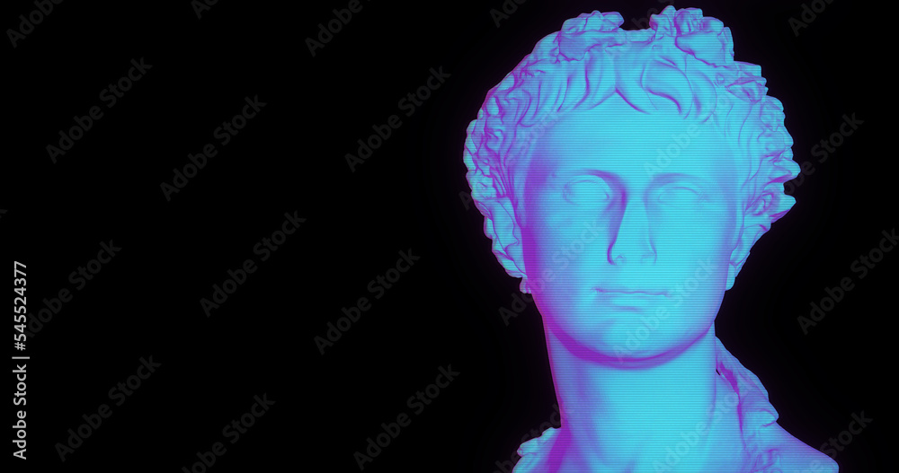 3D illustration of head of statue overlay with pixel effect and glitch noise. Neon colors ultraviolet and white. Concept for Arts and blockchain system, the NFT Non-fungible tokens and Arts. AI Artist