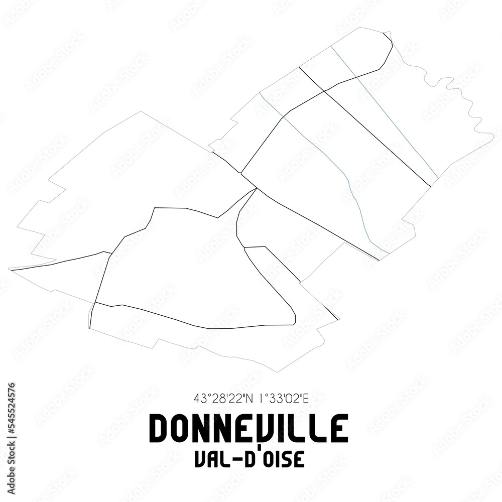 DONNEVILLE Val-d'Oise. Minimalistic street map with black and white lines. DONNEVILLE Val-d'Oise. Minimalistic street map with black and white lines.