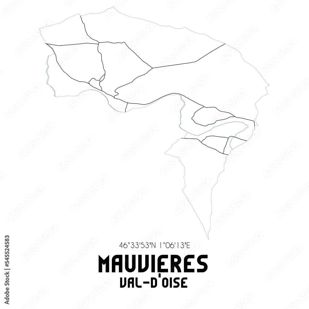 MAUVIERES Val-d'Oise. Minimalistic street map with black and white lines. MAUVIERES Val-d'Oise. Minimalistic street map with black and white lines.