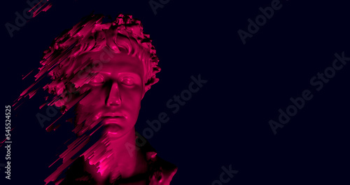 3D illustration of head of statue overlay with pixel effect and glitch noise. Neon colors ultraviolet and white. Concept for Arts and blockchain system, the NFT Non-fungible tokens and Arts. AI Artist