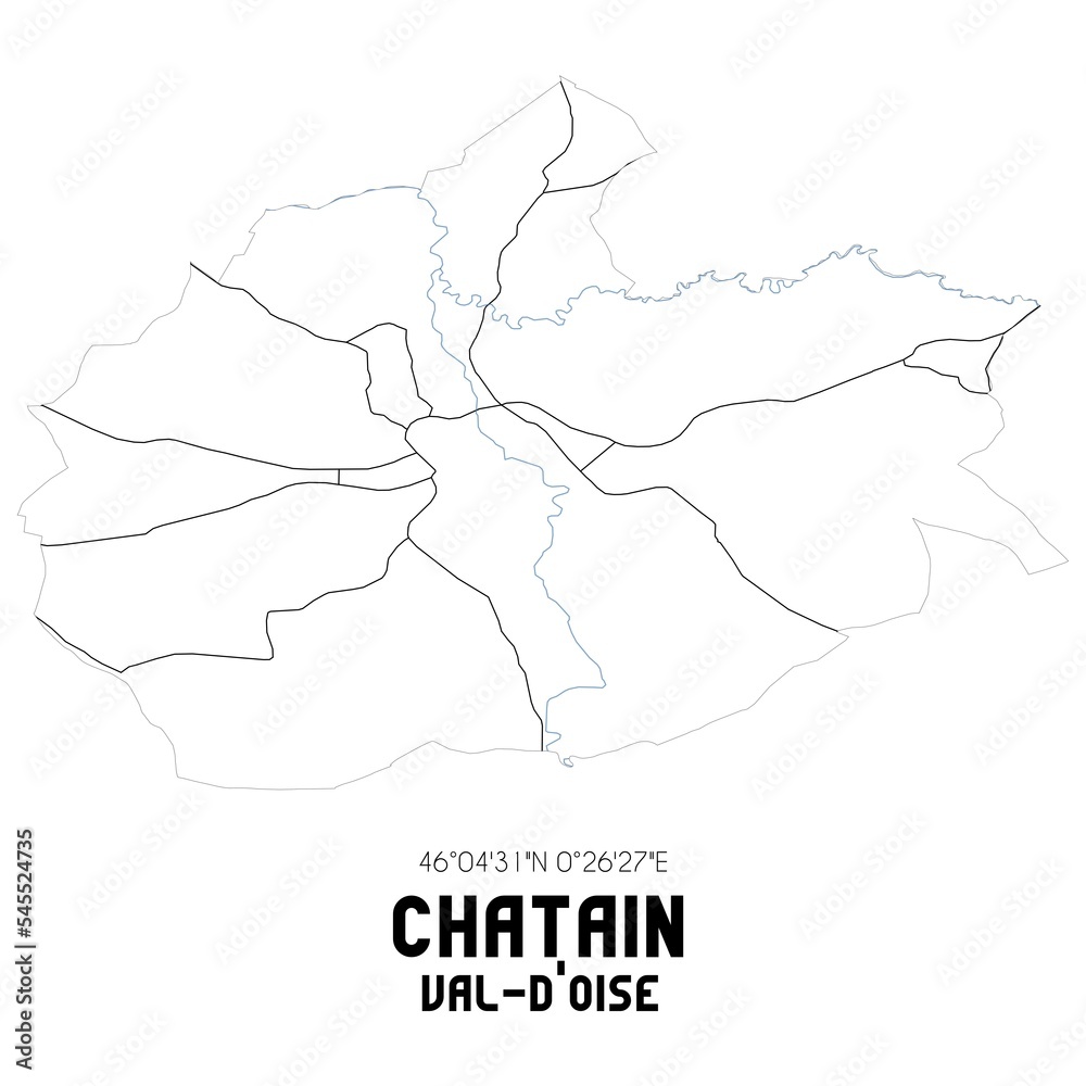 CHATAIN Val-d'Oise. Minimalistic street map with black and white lines.