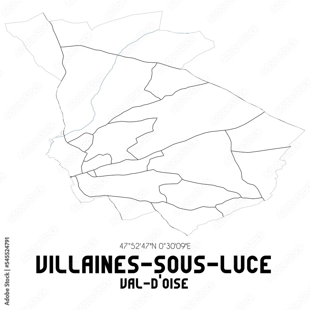 VILLAINES-SOUS-LUCE Val-d'Oise. Minimalistic street map with black and white lines. VILLAINES-SOUS-LUCE Val-d'Oise. Minimalistic street map with black and white lines.
