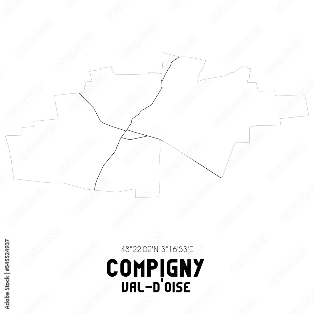 COMPIGNY Val-d'Oise. Minimalistic street map with black and white lines. COMPIGNY Val-d'Oise. Minimalistic street map with black and white lines.